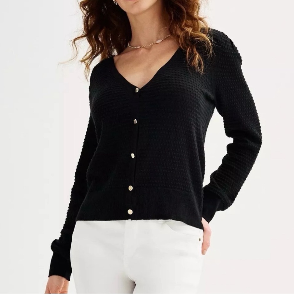 Draper James Womens XL Black Gold Button Up V Neck Cardigan Sweater